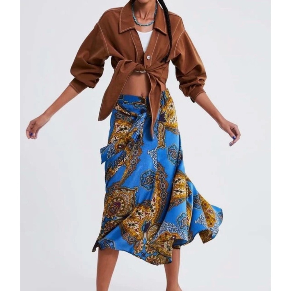 ZARA Satin Blue Paisley Midi Skirt Tie Waist Button Detail Boho Chic